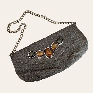 Chico’s Brown Metallic Linen Evening Bag Gemstone Embellished Chain Strap Clutch